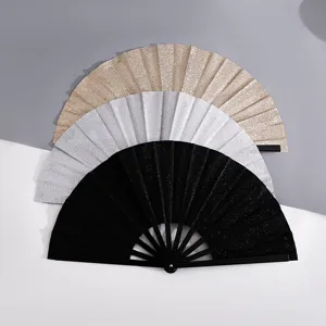 Abanico Plegable de Purpurina Costillas de Plástico Kung Fu Actuación Danza Abanico para Fiesta Festival Rave Evento Decoración Rojo Negro Oro Plata