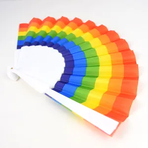 Abanico plegable arcoíris de 7 pulgadas con varillas de plástico blanco para baile y festivales