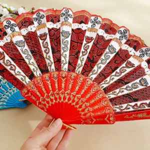 Ventaglio Pieghevole Stile Spagnolo Vintage per Donna Festa di Danza Stampa Dorata Motivo in Pizzo Tessuto Stecche in Plastica