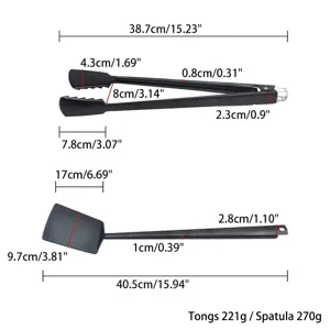 Detailed dimensions and weight specifications for black BBQ tongs and spatula set