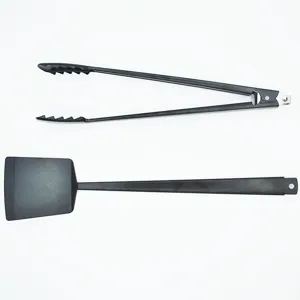 Long-handle black BBQ tools set including tongs and spatula for non-stick grills