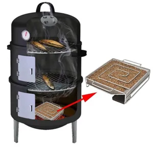 Detailed view of square stainless steel cold smoke generator for BBQ meat smoking