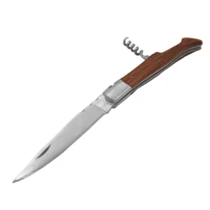Detailansicht eines tragbaren Taschenmessers mit Korkenzieher und ergonomischem Holzgriff