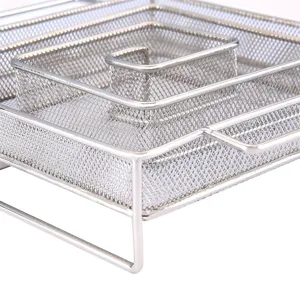 Macro view showing the fine mesh detail and internal structure of a steel BBQ smoker box
