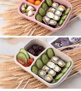 Detail of a 3-compartment wheat straw bento box filled with fresh sushi and fruits