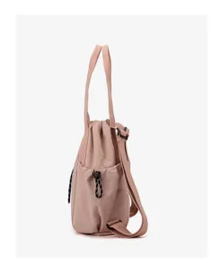 Side view of a pink nylon shoulder bag with drawstring closure and side pockets