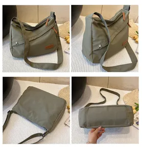 Vue détaillée multi-angles du grand sac à bandoulière vert décontracté en tissu de nylon.
