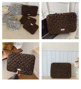 Detail views of leopard print laptop sleeves in white and brown corduroy fabric.