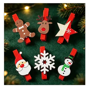 Detailed close-up of cartoon wooden Christmas clips featuring snowman and reindeer shapes