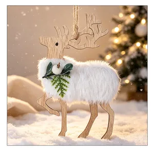 Detailed view of a wooden reindeer Christmas ornament with soft white faux fur