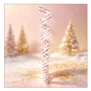 Detailed view of a pink and white spiral Christmas candy ornament with glitter finish.