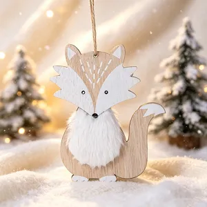Handcrafted wooden Christmas fox ornament with white faux fur in a snowy winter scene