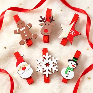 Festive set of 6 cartoon Christmas wooden clips featuring Santa reindeer and snowman designs