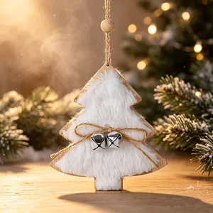 Warm white plush Christmas tree hanging ornament with wooden base and silver bells decorative