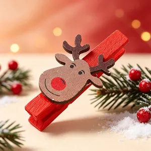 Festive red wooden Christmas clip featuring a cute cartoon reindeer for photo hanging