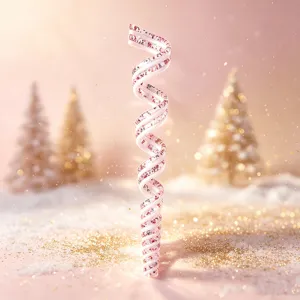 Elegant glittery pink and white spiral Christmas candy ornament in a festive snowy scene