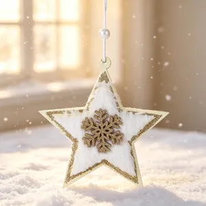 White plush star Christmas ornament with golden glitter snowflake and pearl detail