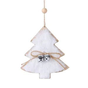 Rustic wooden Christmas tree ornament with soft white faux fur and small silver bells