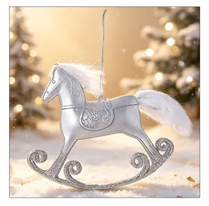 Close-up of a silver rocking horse Christmas ornament with glitter and faux fur mane