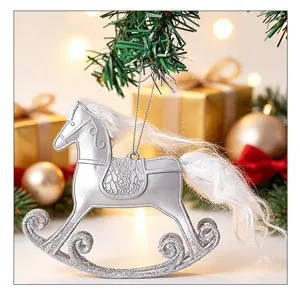 Detailed view of silver Christmas rocking horse ornament with white faux fur mane