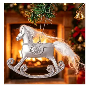 Detailed view of a silver rocking horse Christmas ornament with white faux hair