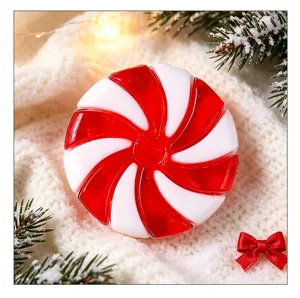 Macro view of a red and white peppermint swirl Christmas candy ornament on white knit