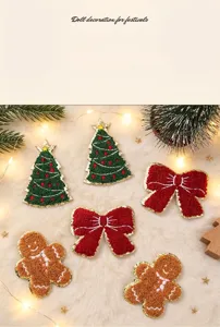 Detailed view of Christmas themed chenille embroidery patches with festive decorations