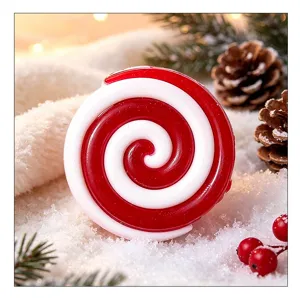 Close-up of red and white peppermint swirl candy ornament for Christmas tree decor