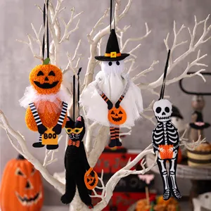 Detailed view of plush Halloween hanging decorations featuring pumpkin, ghost, and cat.