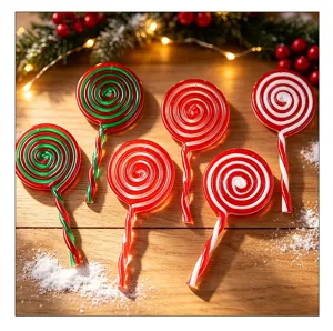 Detailansicht von rot, weiß und grün spiralförmigen Weihnachtslollipop-Ornamenten.