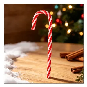 Nahaufnahme einer rot-weiß gestreiften Zuckerstange als festliche Weihnachtsdekoration.