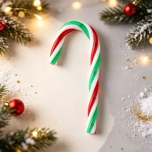 Festliche rot-grün-weiß gestreifte Kunststoff-Zuckerstange als Weihnachtsbaumschmuck