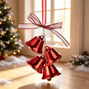 Festive red metallic bell pendants with ribbon bow for Christmas home decoration.