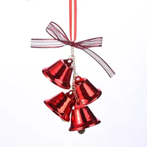 Festive red metallic horn bells Christmas hanging ornament with a striped ribbon bow