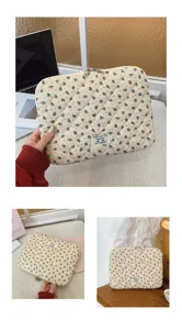 Close-up and lifestyle view of a quilted floral laptop sleeve for 11-15 inch devices