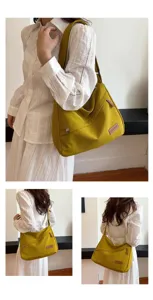 Vues détaillées d'un sac bandoulière en toile jaune moutarde sous plusieurs angles