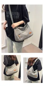 Détails d'un grand sac bandoulière en toile grise porté par un mannequin sous plusieurs angles.