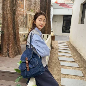 Casual large capacity denim backpack for women, stylish student schoolbag