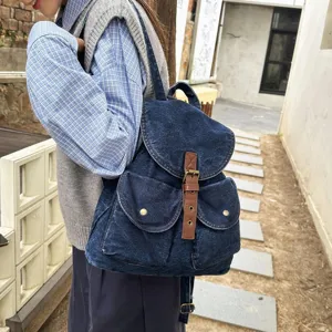 Vintage blue denim backpack with large capacity for women and students