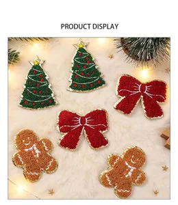 Detailed view of festive chenille embroidery patches featuring Christmas trees and gingerbread men