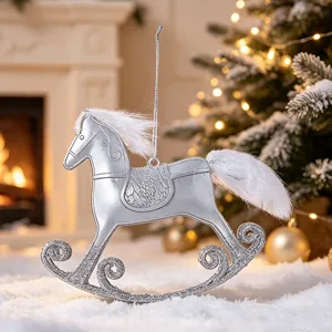 Silver rocking horse Christmas ornament with faux fur mane and glitter rockers