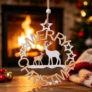 Holz Weihnachtsanhänger mit Rentier und hohlgeschnittenem Merry Christmas Design