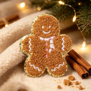 Cute gingerbread man chenille embroidery patch with gold glitter for Christmas DIY decor