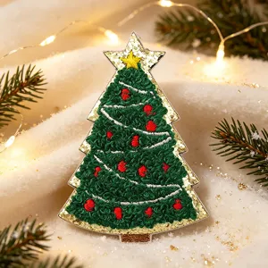 Festive Christmas tree towel embroidery patch with gold glitter border for DIY decor