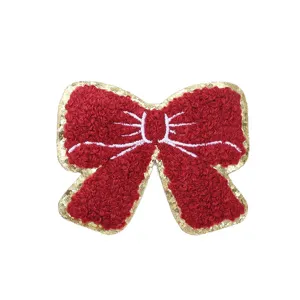 Christmas red towel embroidery bow patch with gold glitter border for DIY craft decor
