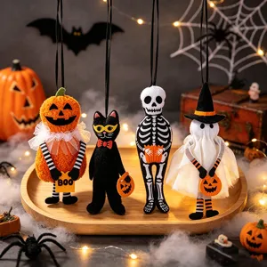 Handmade plush Halloween ornaments featuring pumpkin black cat ghost and skeleton for party decor