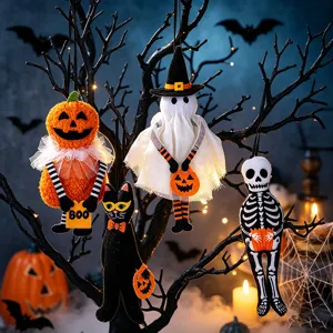 Set of 4 Halloween plush ornaments: pumpkin, ghost, black cat, and skeleton.
