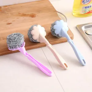 Long handle stainless steel wire cleaning brushes for kitchen dishwashing in three colors.
