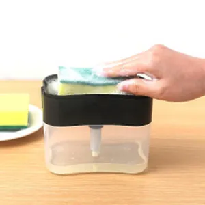 Detail view of a kitchen cleaning sponge on a 2-in-1 soap dispenser pump for dishwashing sink