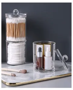 Transparent acrylic makeup organizer set featuring dustproof storage for cotton pads